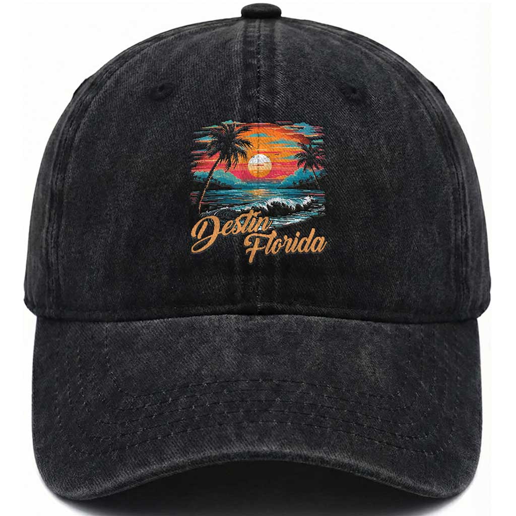 Destin Florida Beach Washed Cotton Baseball Cap Retro Sunset Palm Tree Graphic