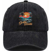 Destin Florida Beach Washed Cotton Baseball Cap Retro Sunset Palm Tree Graphic