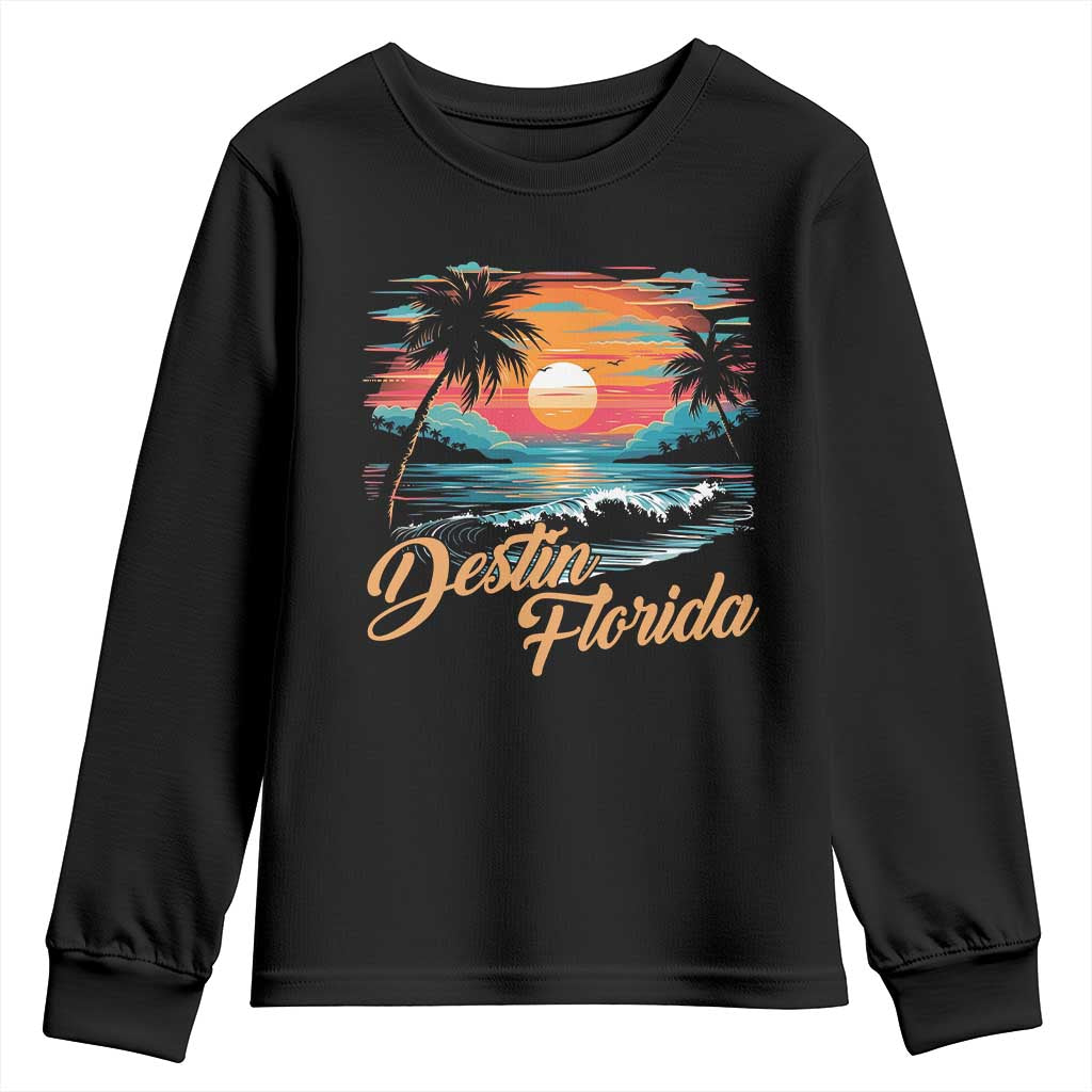 Destin Florida Beach Youth Sweatshirt Retro Sunset Palm Tree Graphic