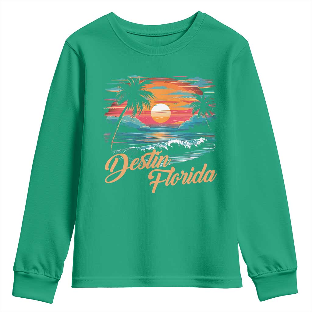 Destin Florida Beach Youth Sweatshirt Retro Sunset Palm Tree Graphic