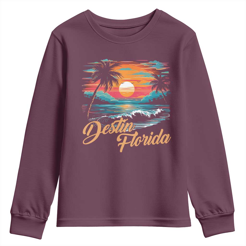 Destin Florida Beach Youth Sweatshirt Retro Sunset Palm Tree Graphic