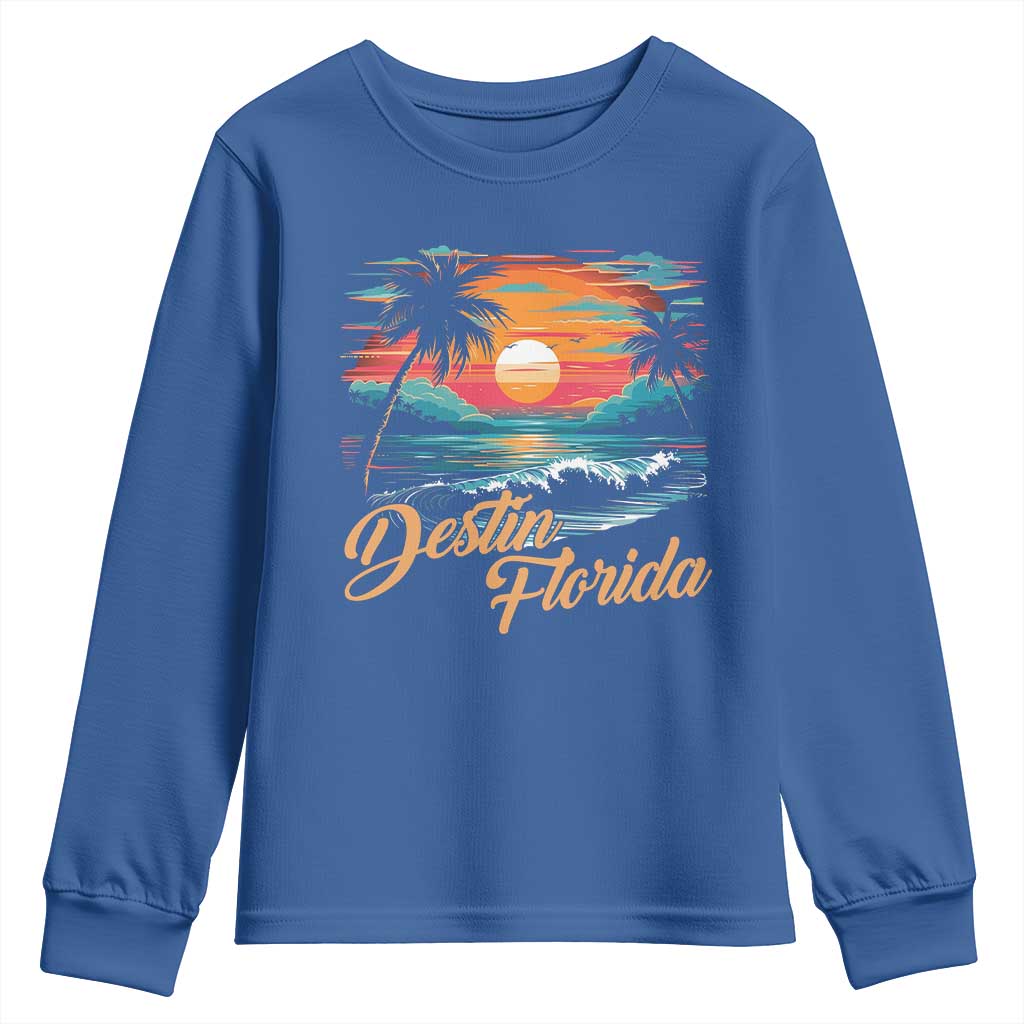 Destin Florida Beach Youth Sweatshirt Retro Sunset Palm Tree Graphic
