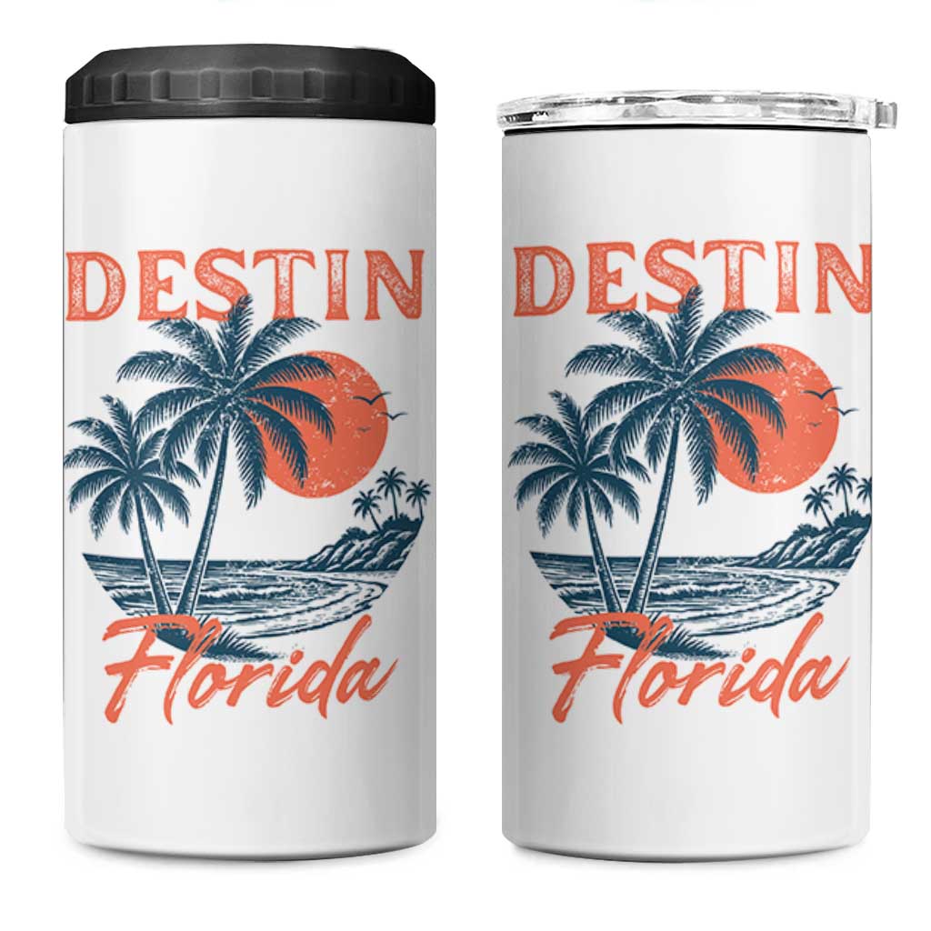 Vintage Destin Florida Beach 4 in 1 Can Cooler Tumbler Sunset Palm Tree Graphic