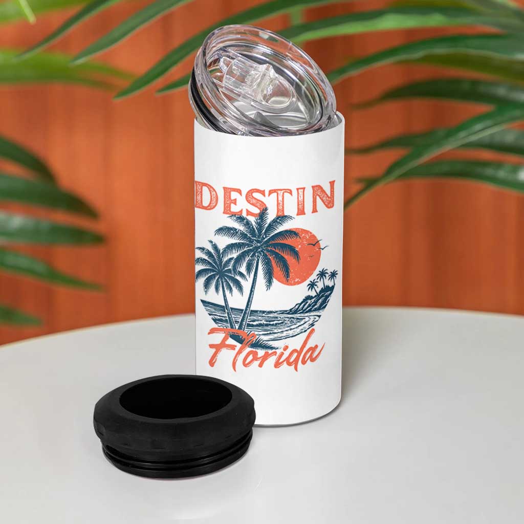 Vintage Destin Florida Beach 4 in 1 Can Cooler Tumbler Sunset Palm Tree Graphic