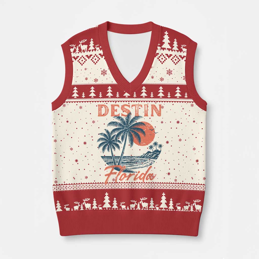 Vintage Destin Florida Beach V-Neck Knit Sweater Vest Sunset Palm Tree Graphic
