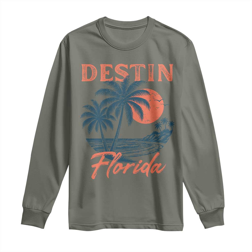 Vintage Destin Florida Beach Long Sleeve Shirt Sunset Palm Tree Graphic