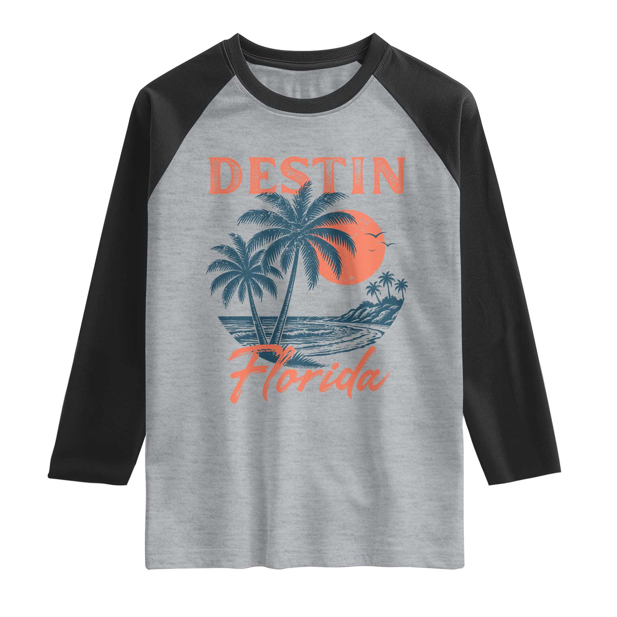 Vintage Destin Florida Beach Raglan Shirt Sunset Palm Tree Graphic