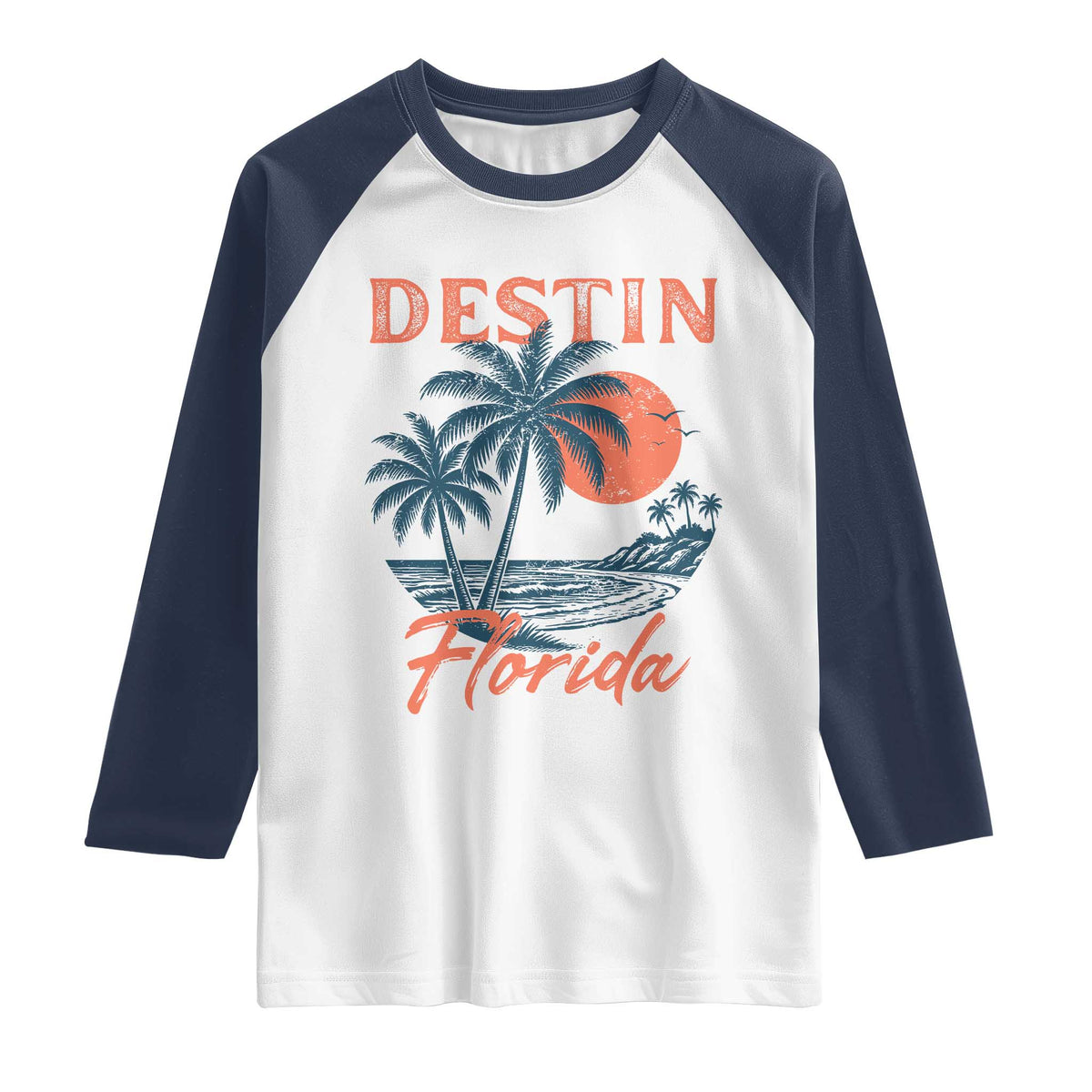 Vintage Destin Florida Beach Raglan Shirt Sunset Palm Tree Graphic