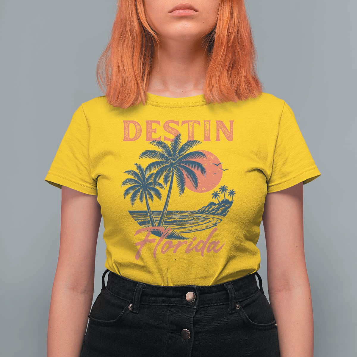 Vintage Destin Florida Beach T Shirt For Women Sunset Palm Tree Graphic