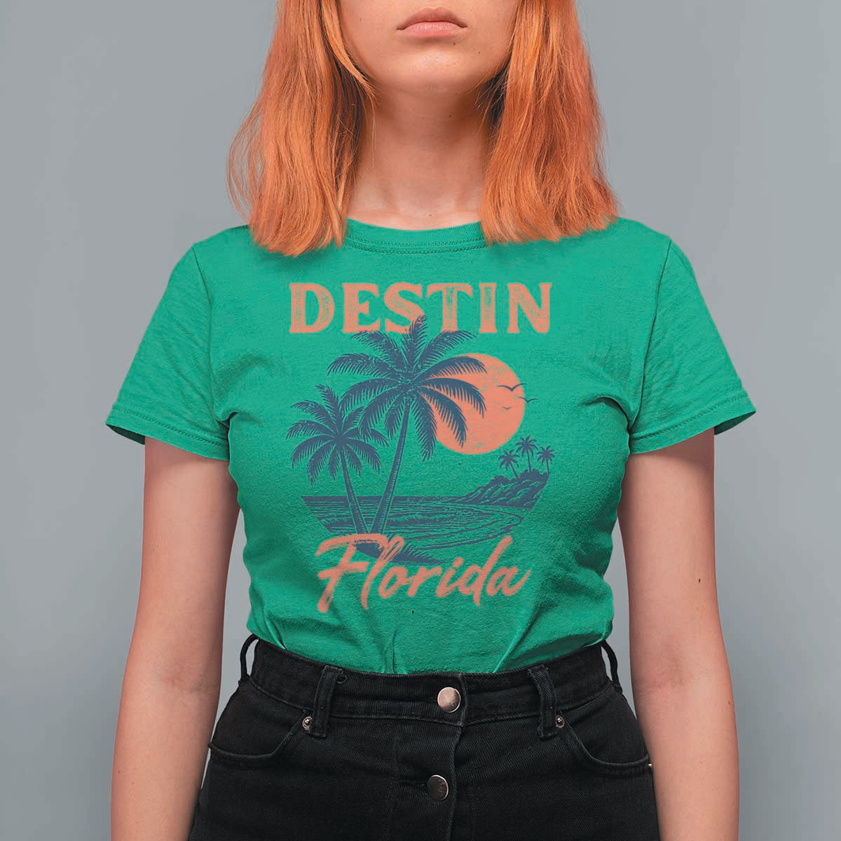 Vintage Destin Florida Beach T Shirt For Women Sunset Palm Tree Graphic