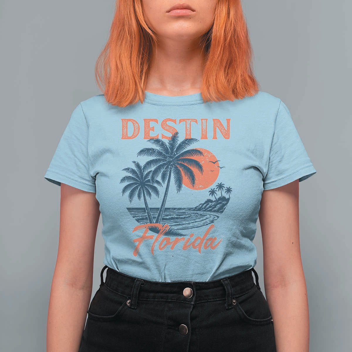 Vintage Destin Florida Beach T Shirt For Women Sunset Palm Tree Graphic