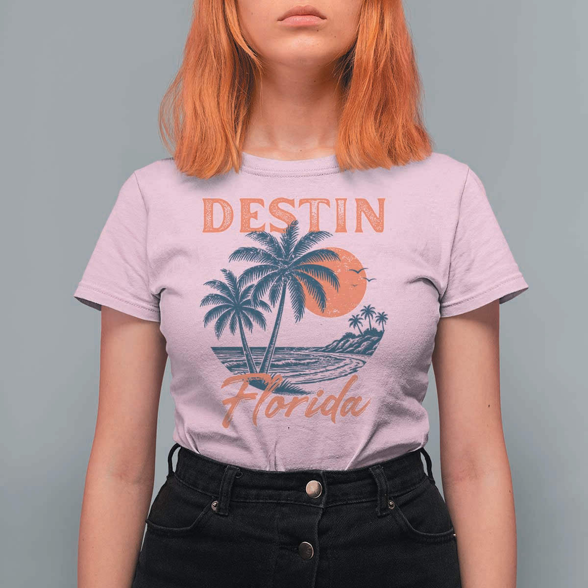 Vintage Destin Florida Beach T Shirt For Women Sunset Palm Tree Graphic