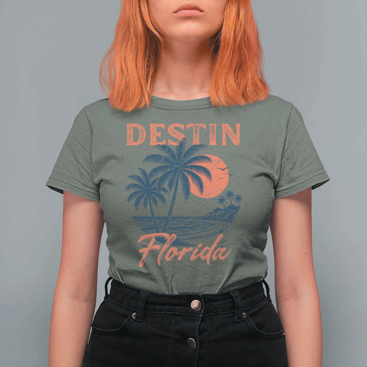 Vintage Destin Florida Beach T Shirt For Women Sunset Palm Tree Graphic