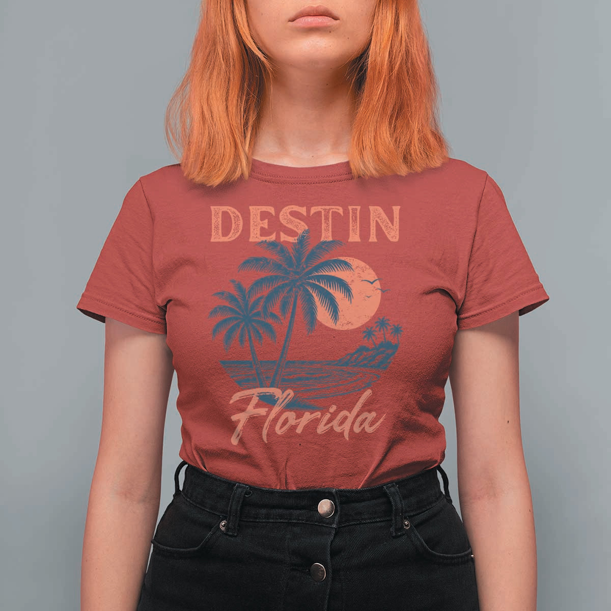 Vintage Destin Florida Beach T Shirt For Women Sunset Palm Tree Graphic