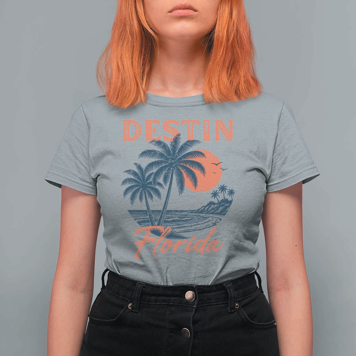 Vintage Destin Florida Beach T Shirt For Women Sunset Palm Tree Graphic