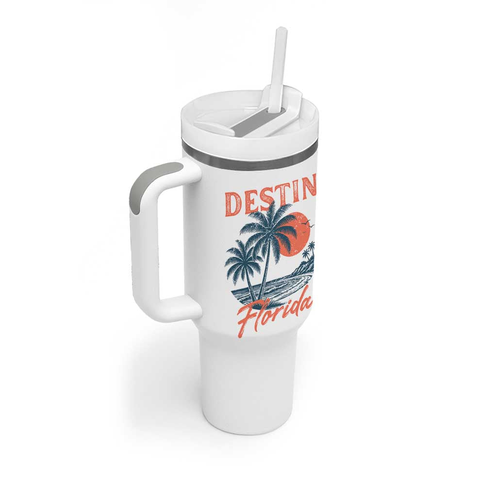Vintage Destin Florida Beach Tumbler With Handle Sunset Palm Tree Graphic