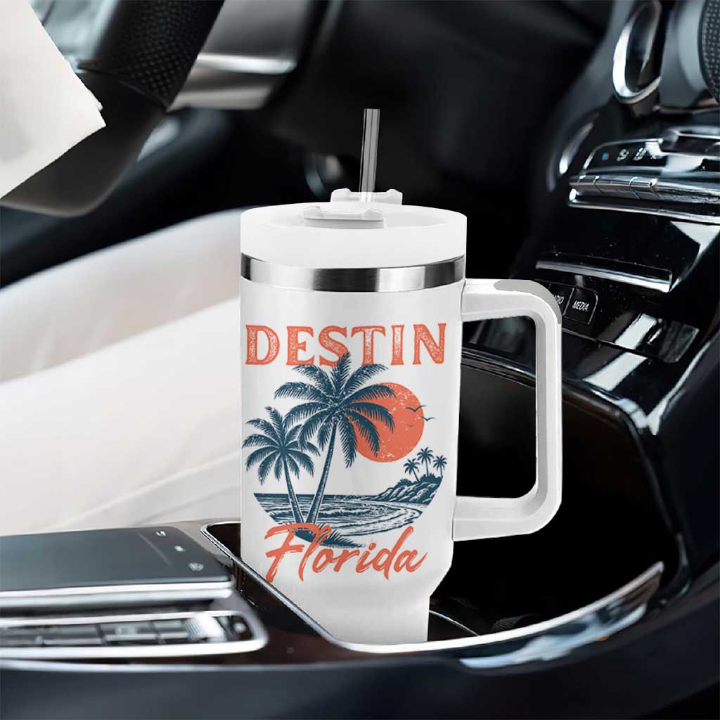 Vintage Destin Florida Beach Tumbler With Handle Sunset Palm Tree Graphic