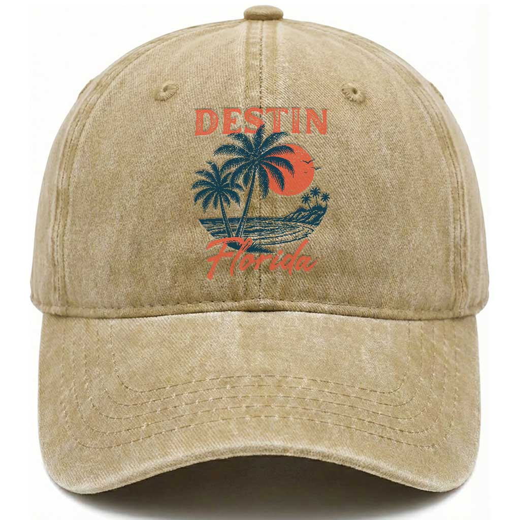 Vintage Destin Florida Beach Washed Cotton Baseball Cap Sunset Palm Tree Graphic