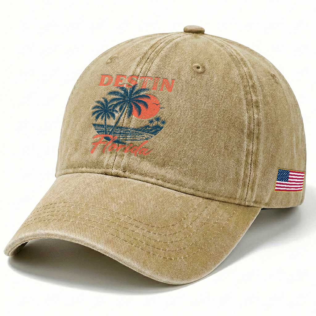 Vintage Destin Florida Beach Washed Cotton Baseball Cap Sunset Palm Tree Graphic