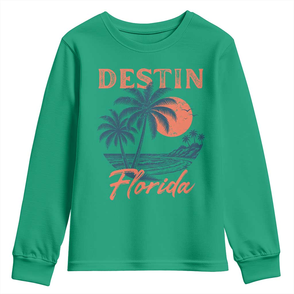 Vintage Destin Florida Beach Youth Sweatshirt Sunset Palm Tree Graphic