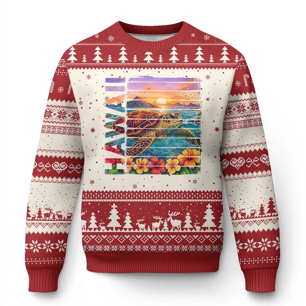Hawaii Sea Turtle Ugly Christmas Sweater Tropical Sunset Island Vacation Gift