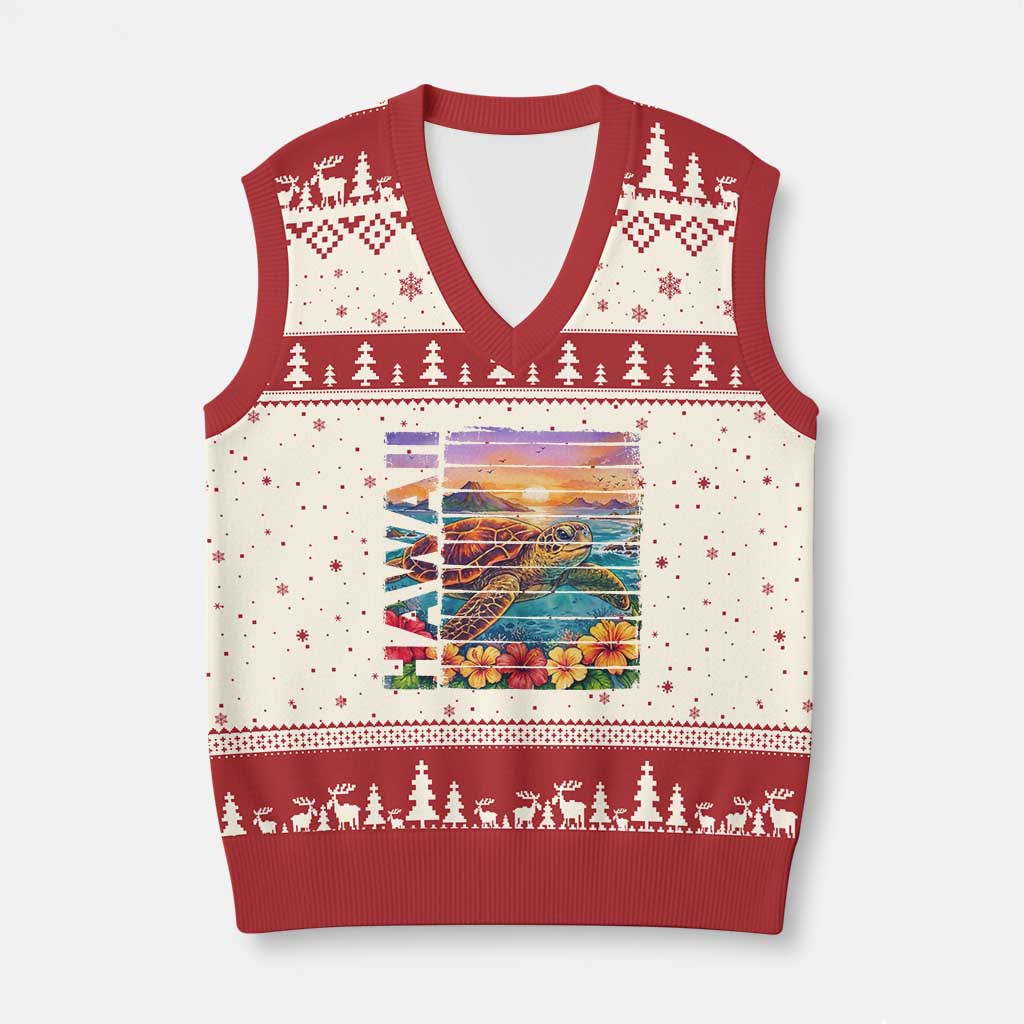 Hawaii Sea Turtle V-Neck Knit Sweater Vest Tropical Sunset Island Vacation Gift