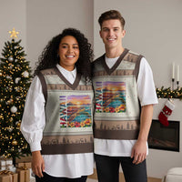 Hawaii Sea Turtle V-Neck Knit Sweater Vest Tropical Sunset Island Vacation Gift