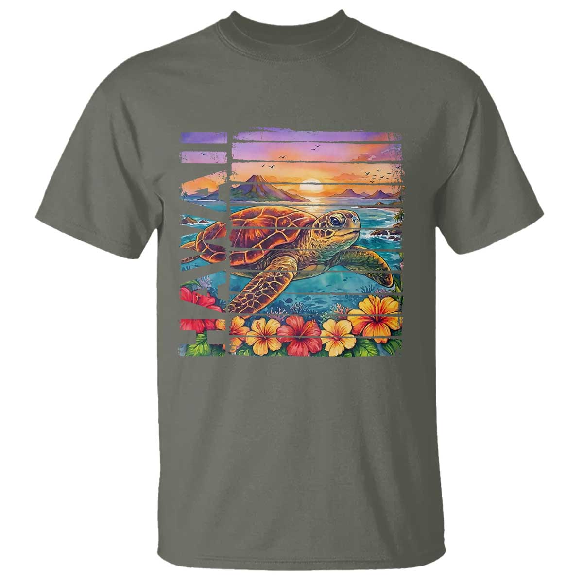 Hawaii Sea Turtle T Shirt Tropical Sunset Island Vacation Gift