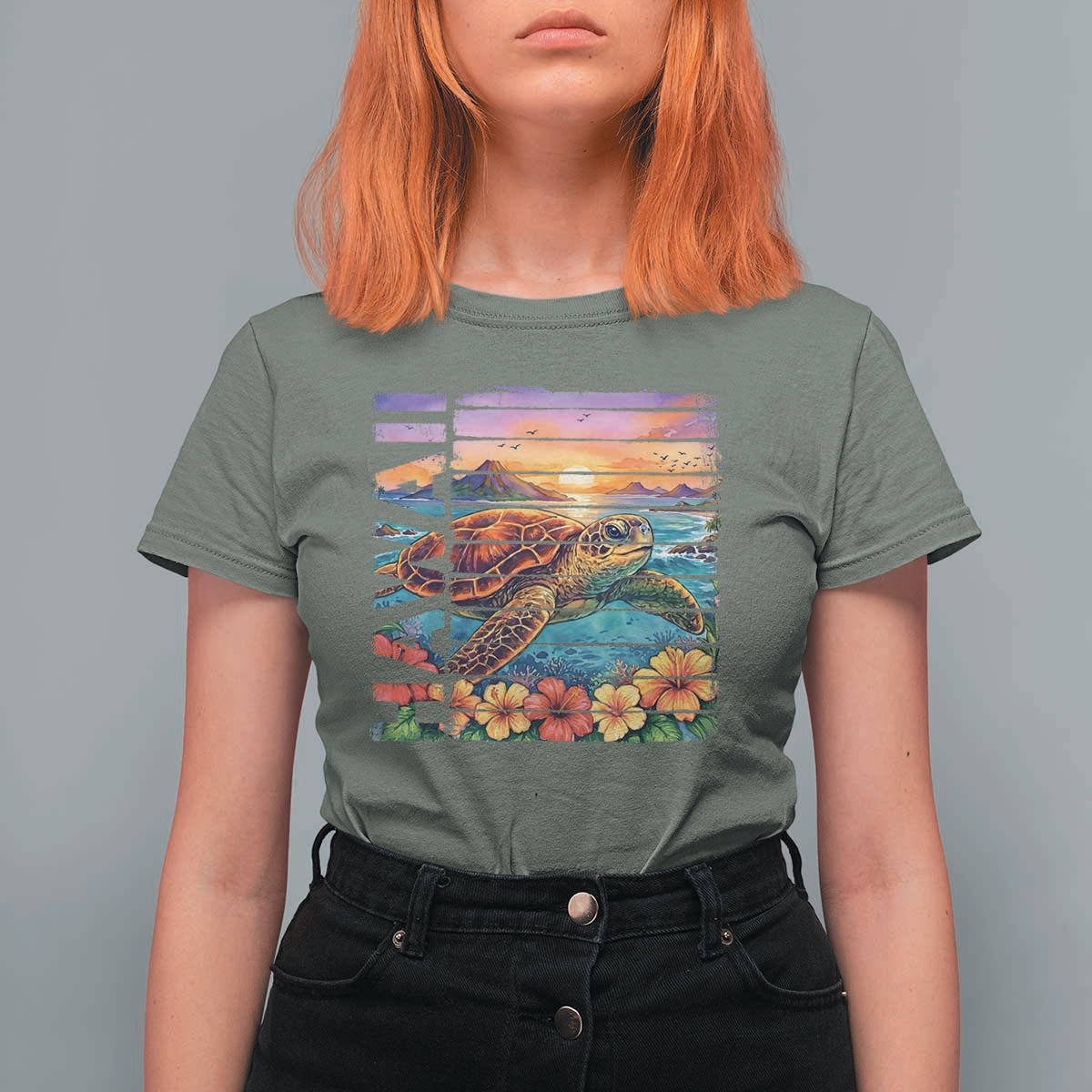 Hawaii Sea Turtle T Shirt For Women Tropical Sunset Island Vacation Gift