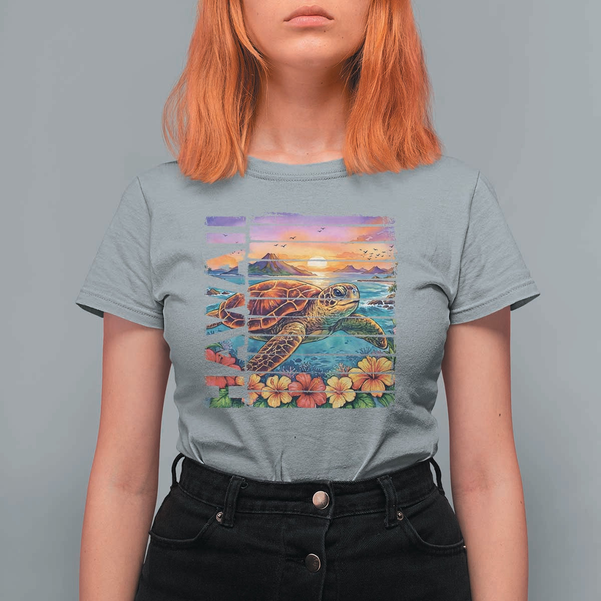 Hawaii Sea Turtle T Shirt For Women Tropical Sunset Island Vacation Gift