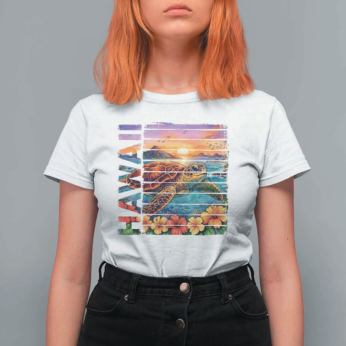 Hawaii Sea Turtle T Shirt For Women Tropical Sunset Island Vacation Gift