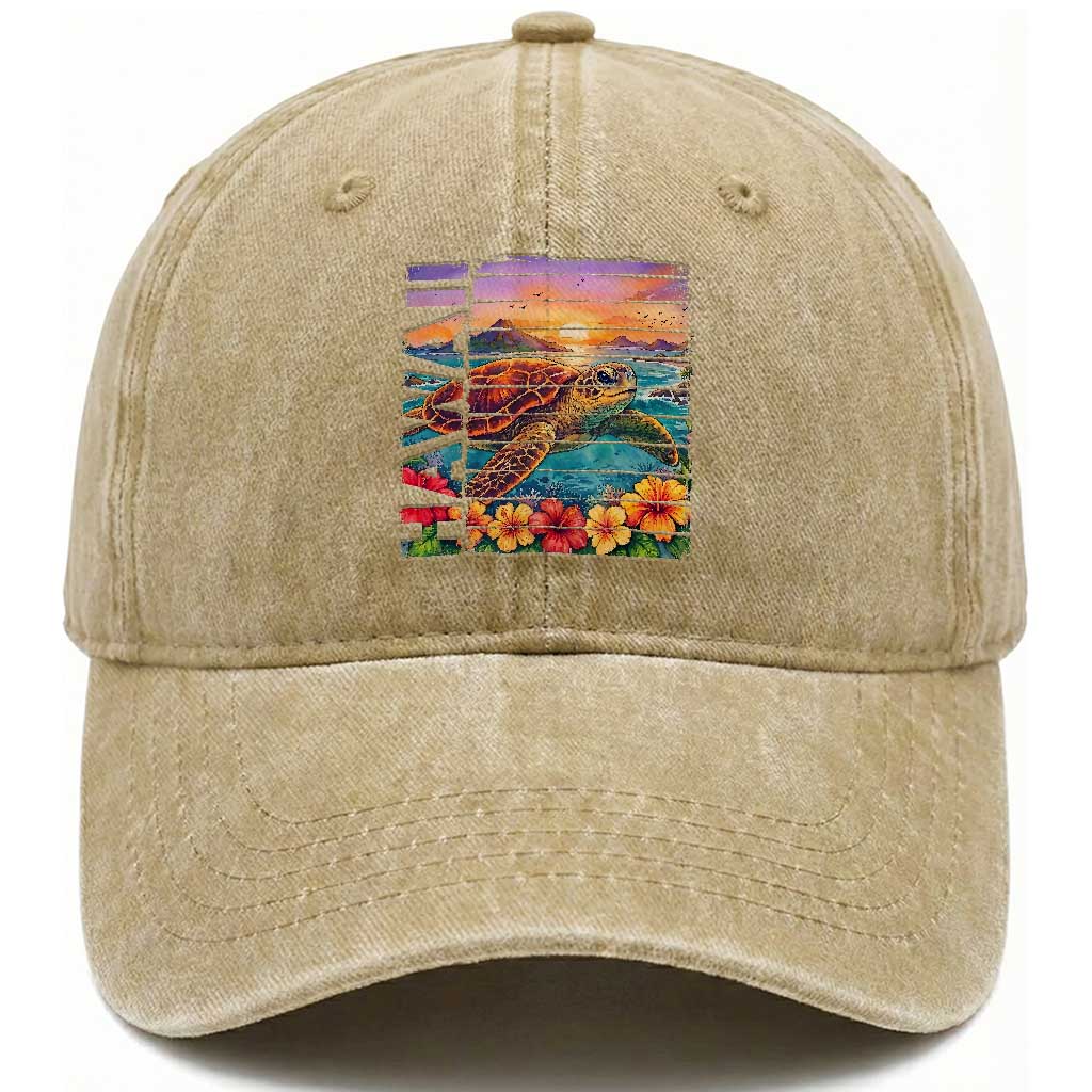 Hawaii Sea Turtle Washed Cotton Baseball Cap Tropical Sunset Island Vacation Gift