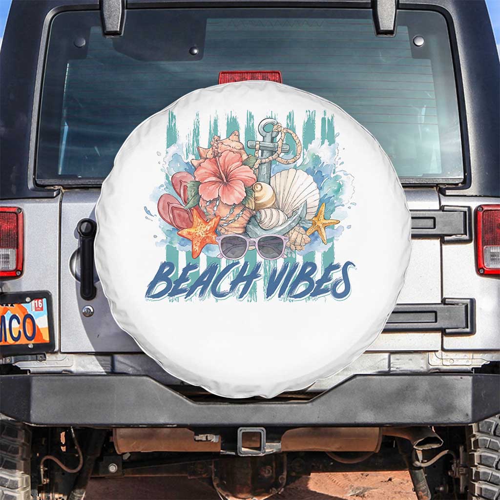 Beach Vibes Spare Tire Cover Floral Seashell Coastal Vacation Graphic