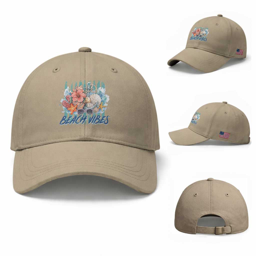 Beach Vibes Baseball Cap Floral Seashell Coastal Vacation Graphic