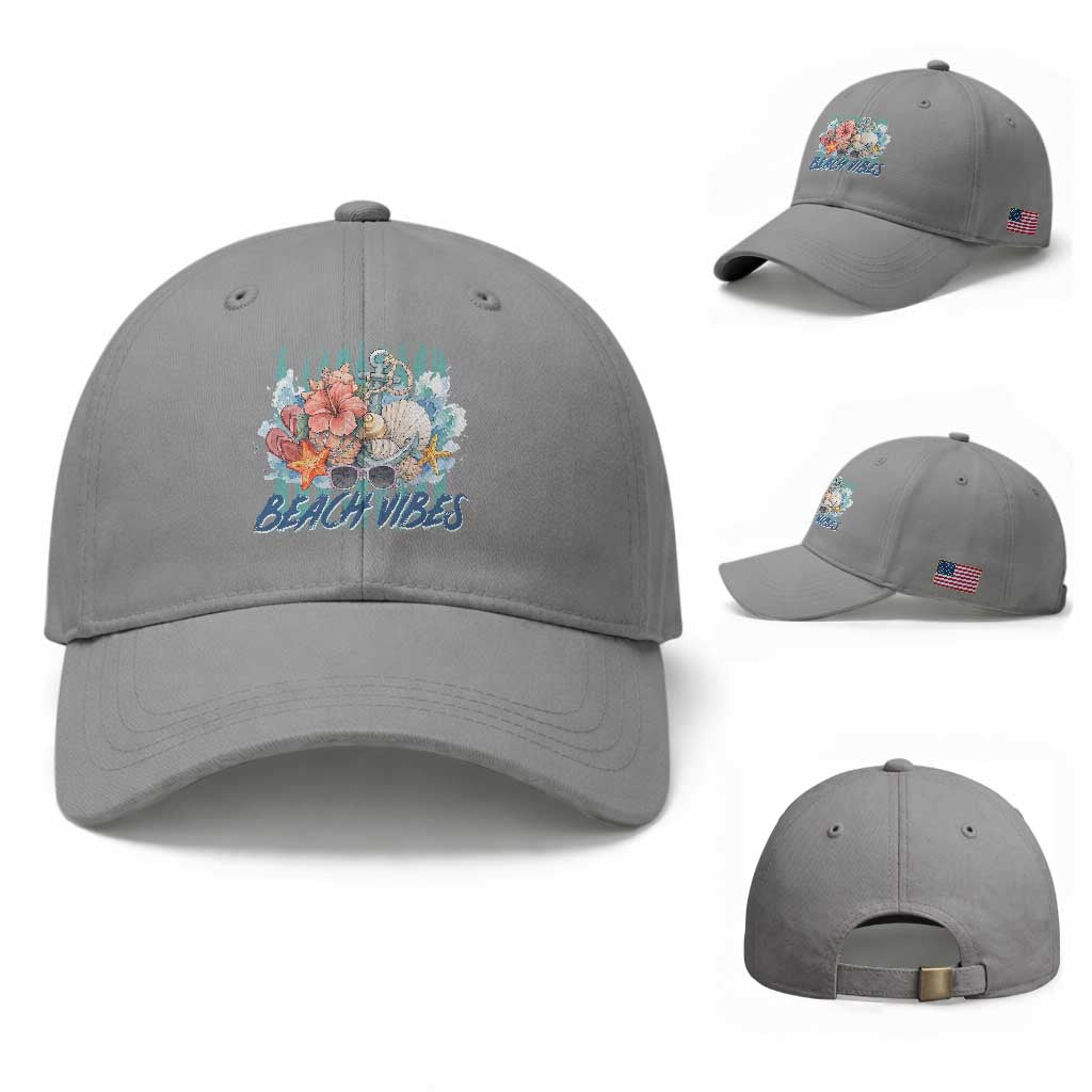 Beach Vibes Baseball Cap Floral Seashell Coastal Vacation Graphic