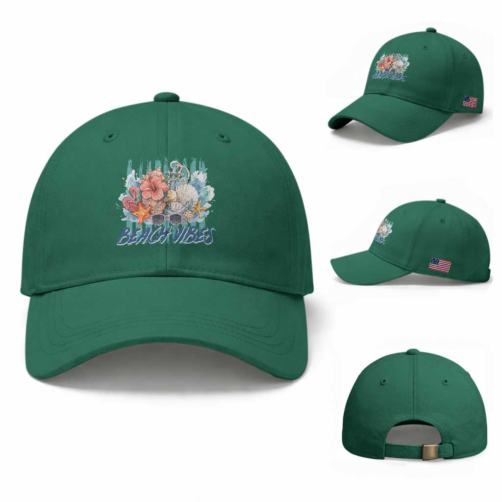 Beach Vibes Baseball Cap Floral Seashell Coastal Vacation Graphic