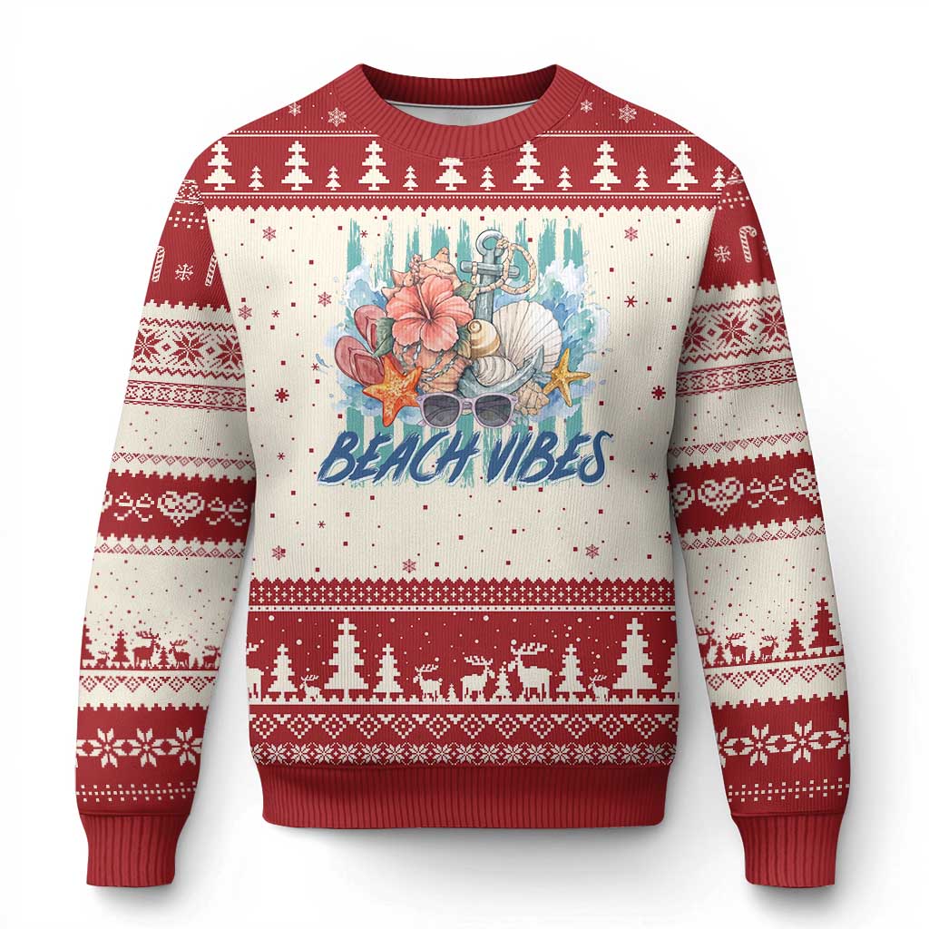 Beach Vibes Ugly Christmas Sweater Floral Seashell Coastal Vacation Graphic