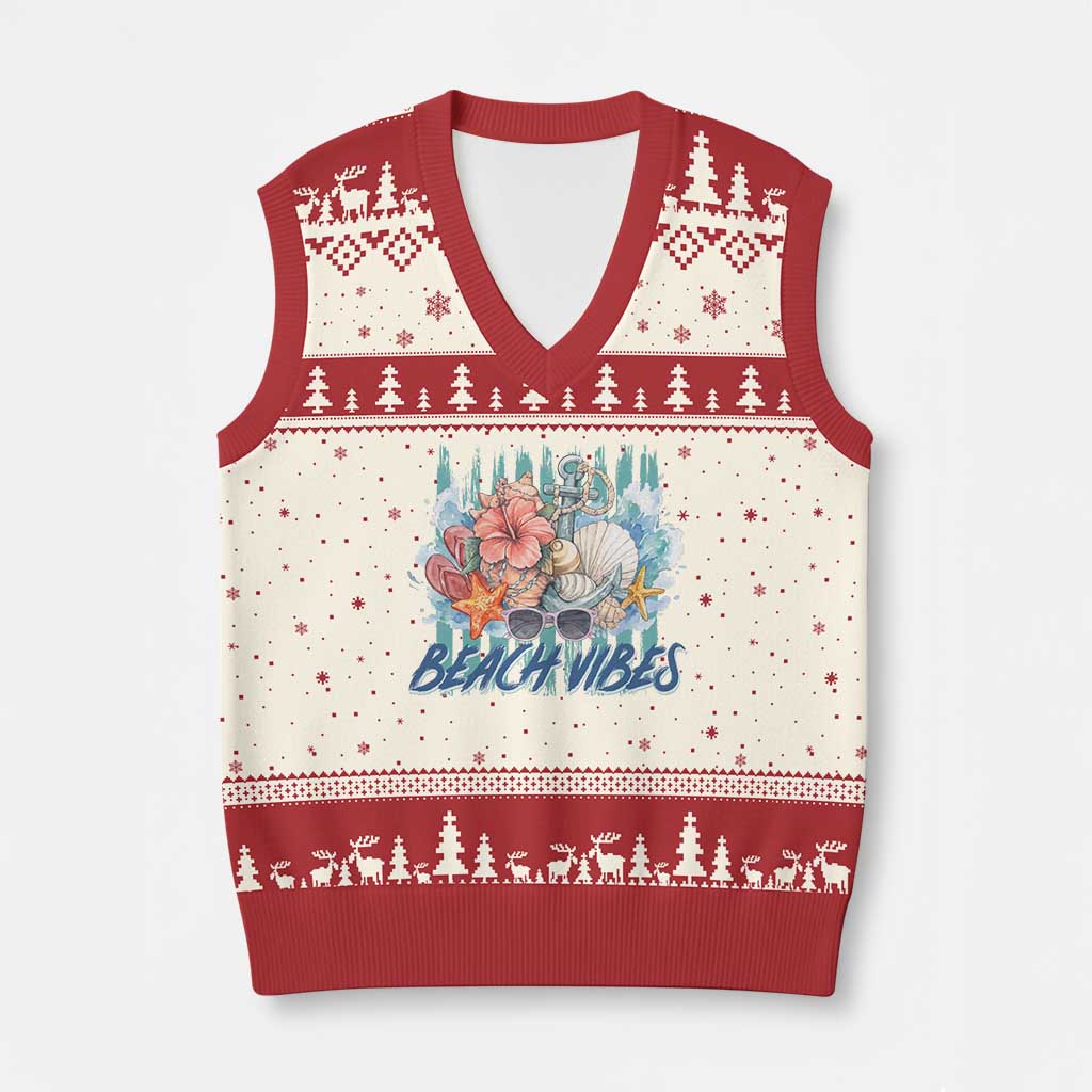 Beach Vibes V-Neck Knit Sweater Vest Floral Seashell Coastal Vacation Graphic