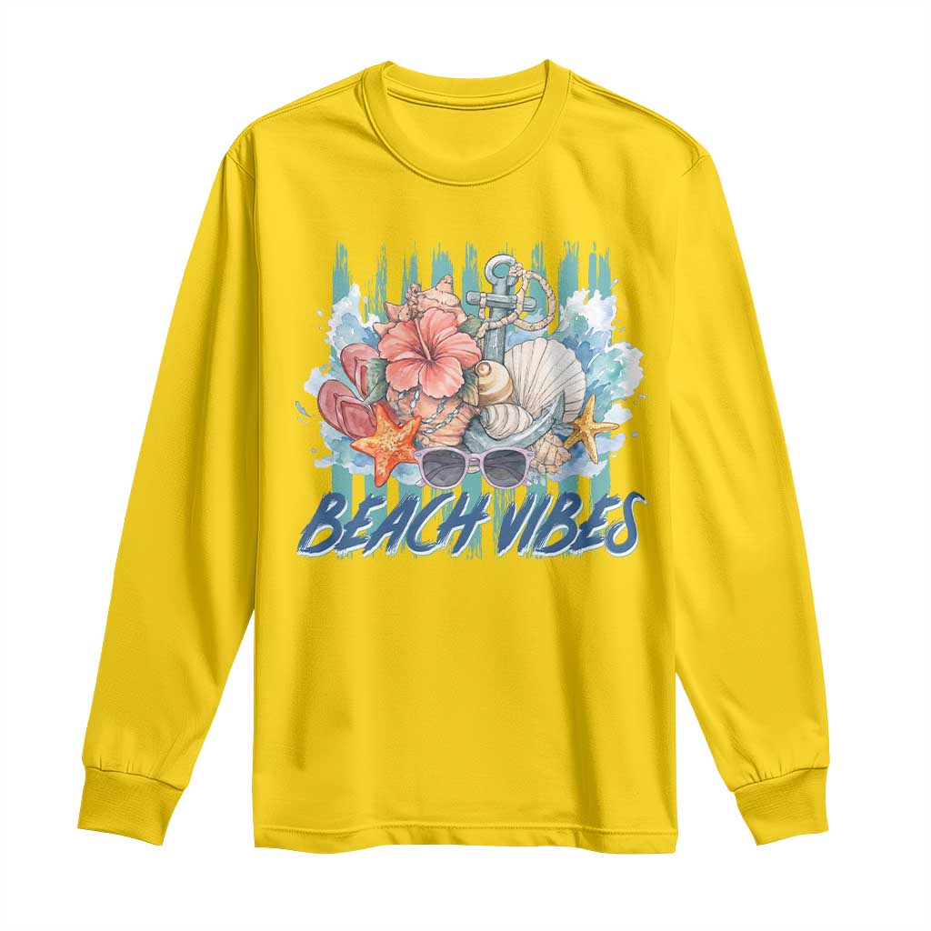 Beach Vibes Long Sleeve Shirt Floral Seashell Coastal Vacation Graphic