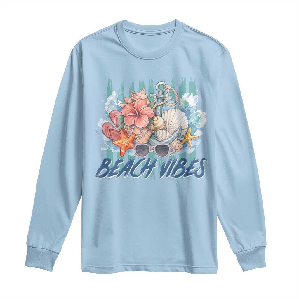 Beach Vibes Long Sleeve Shirt Floral Seashell Coastal Vacation Graphic
