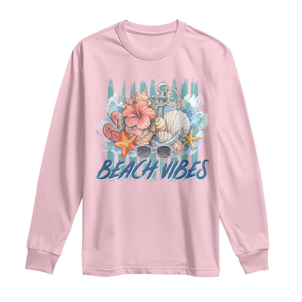 Beach Vibes Long Sleeve Shirt Floral Seashell Coastal Vacation Graphic