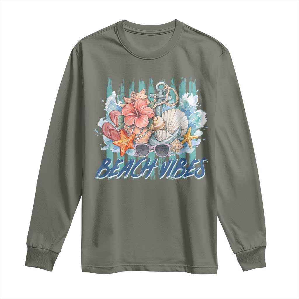 Beach Vibes Long Sleeve Shirt Floral Seashell Coastal Vacation Graphic