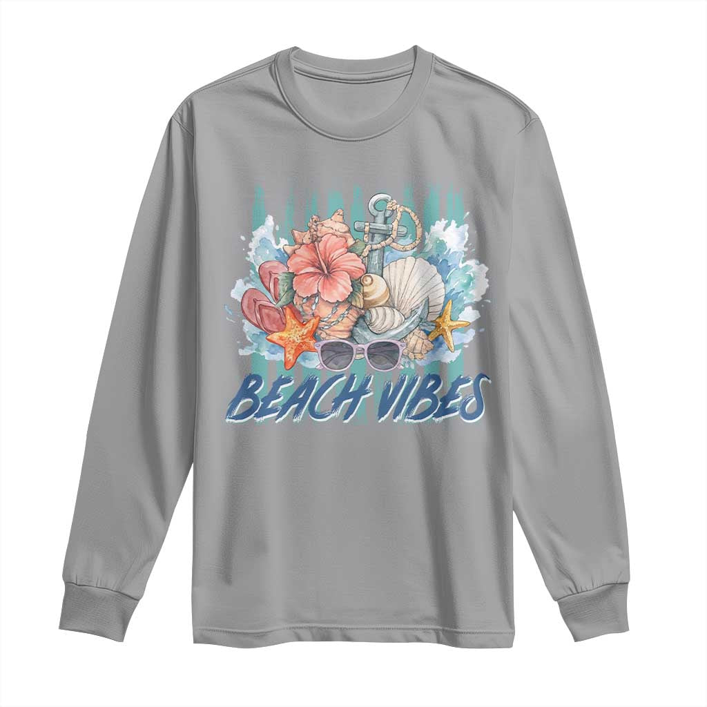 Beach Vibes Long Sleeve Shirt Floral Seashell Coastal Vacation Graphic
