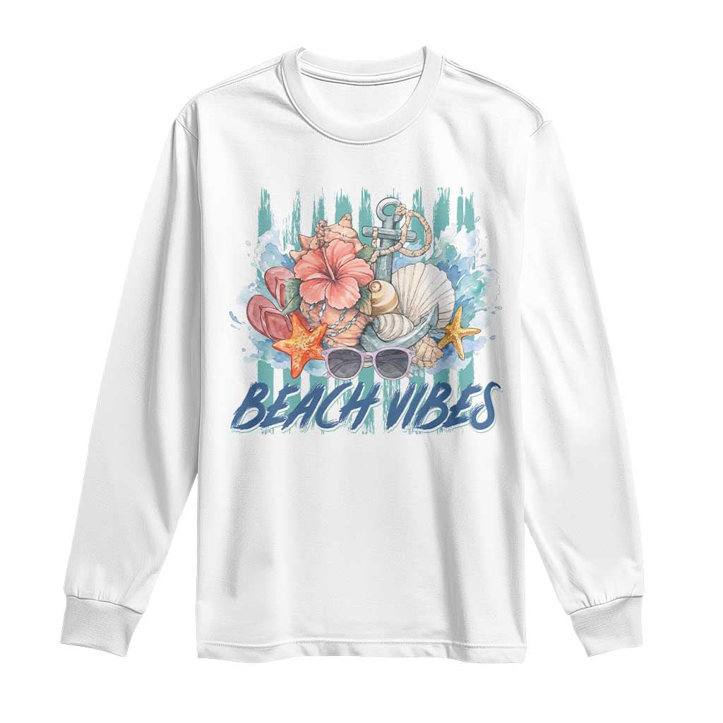 Beach Vibes Long Sleeve Shirt Floral Seashell Coastal Vacation Graphic