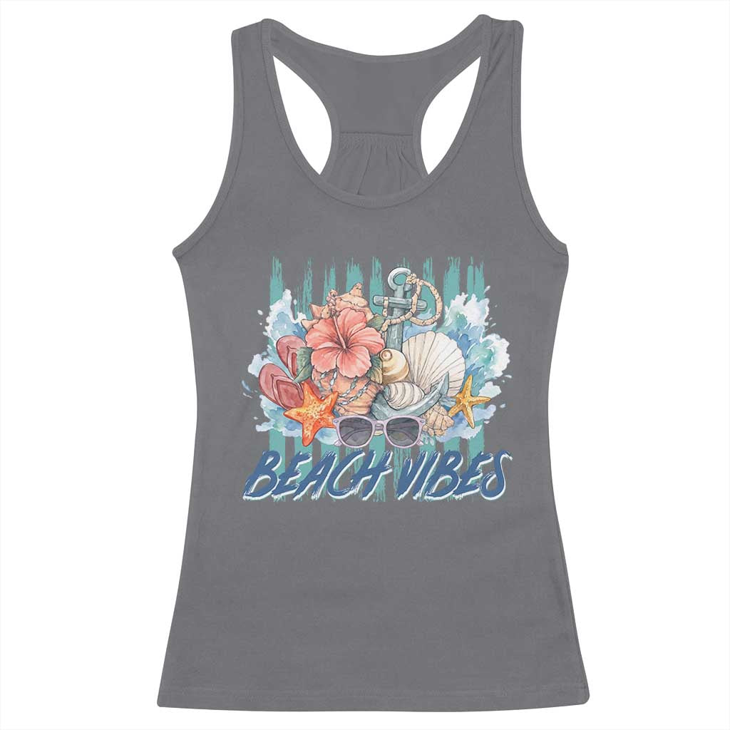 Beach Vibes Racerback Tank Top Floral Seashell Coastal Vacation Graphic