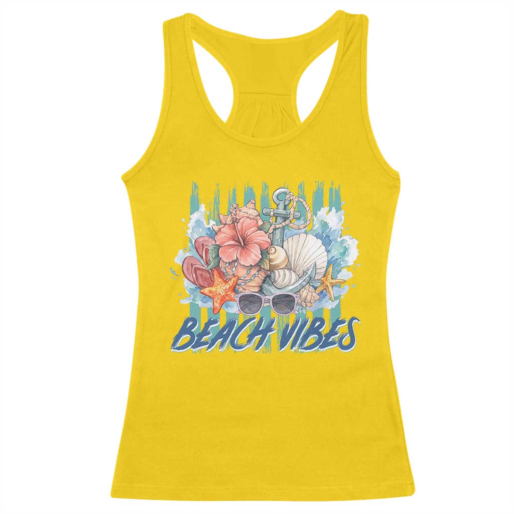 Beach Vibes Racerback Tank Top Floral Seashell Coastal Vacation Graphic