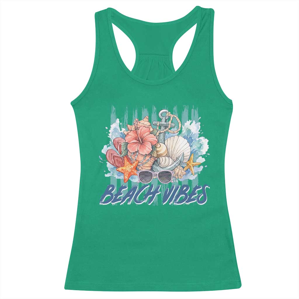 Beach Vibes Racerback Tank Top Floral Seashell Coastal Vacation Graphic