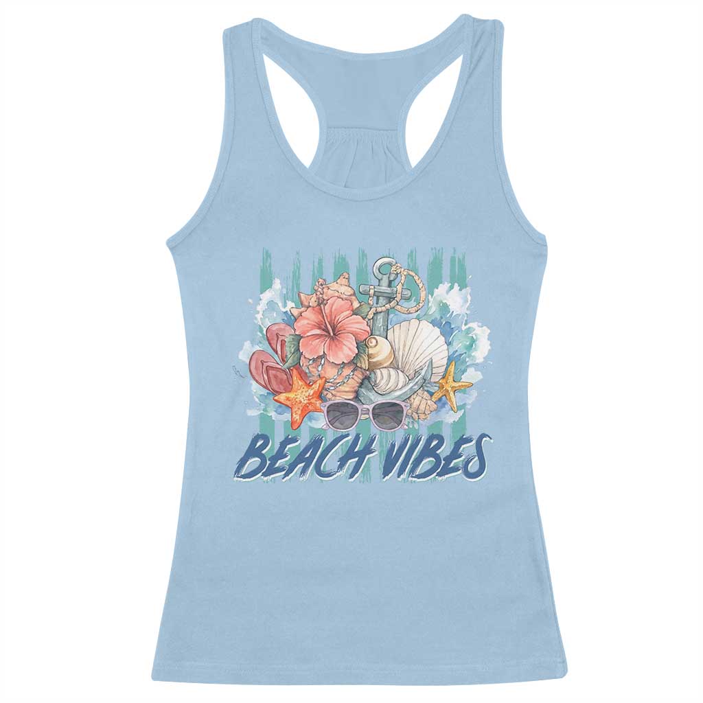 Beach Vibes Racerback Tank Top Floral Seashell Coastal Vacation Graphic