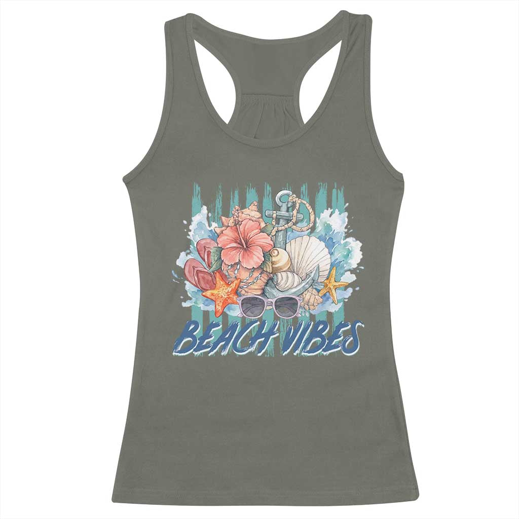 Beach Vibes Racerback Tank Top Floral Seashell Coastal Vacation Graphic