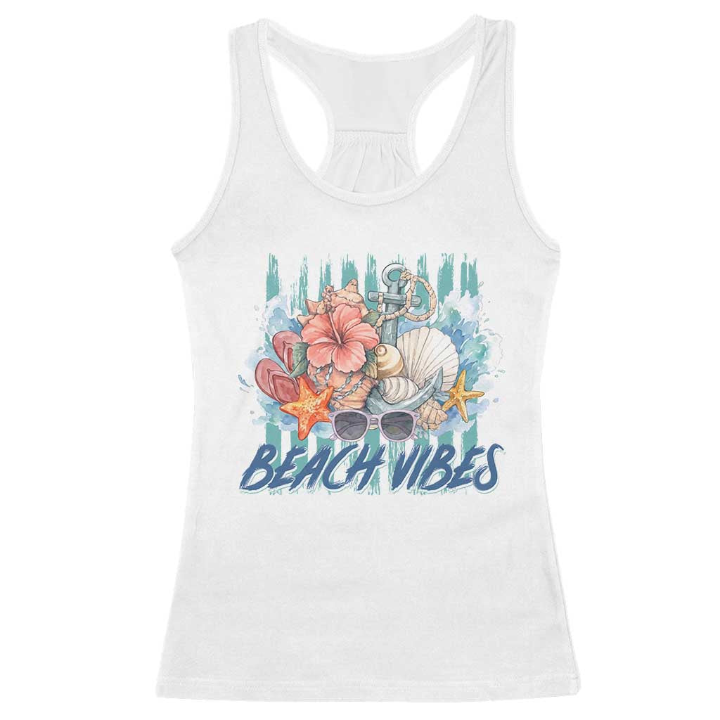 Beach Vibes Racerback Tank Top Floral Seashell Coastal Vacation Graphic